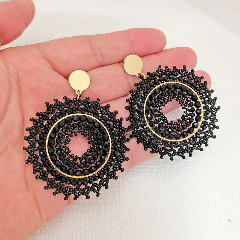 Beaded earrings Circle Black Originality Crystal Hand knitting Bohemia Alloy Tide Simple Rice bead earrings