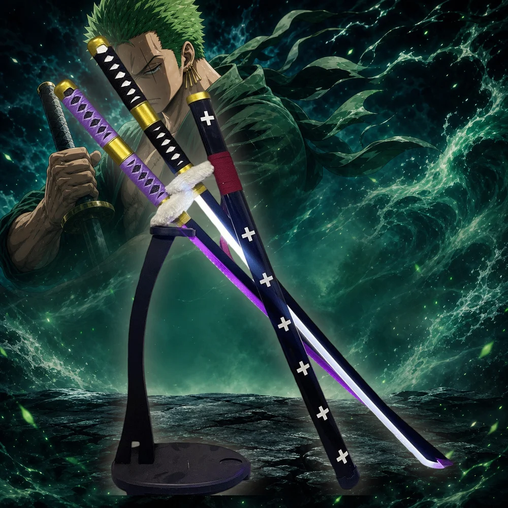 Espada Katana de 40 pulgadas (104 cm) de One Piece Zoro, con luz LED, brillante, Shusui Sandai Kitetsu, espada samurái japonesa, accesorio de cosplay de anime, soporte, juego de 2 piezas, tamaño real, regalo coleccionable para otaku, juguete de exhibición, cuchillo ninja luminoso, Schwert, Sabre