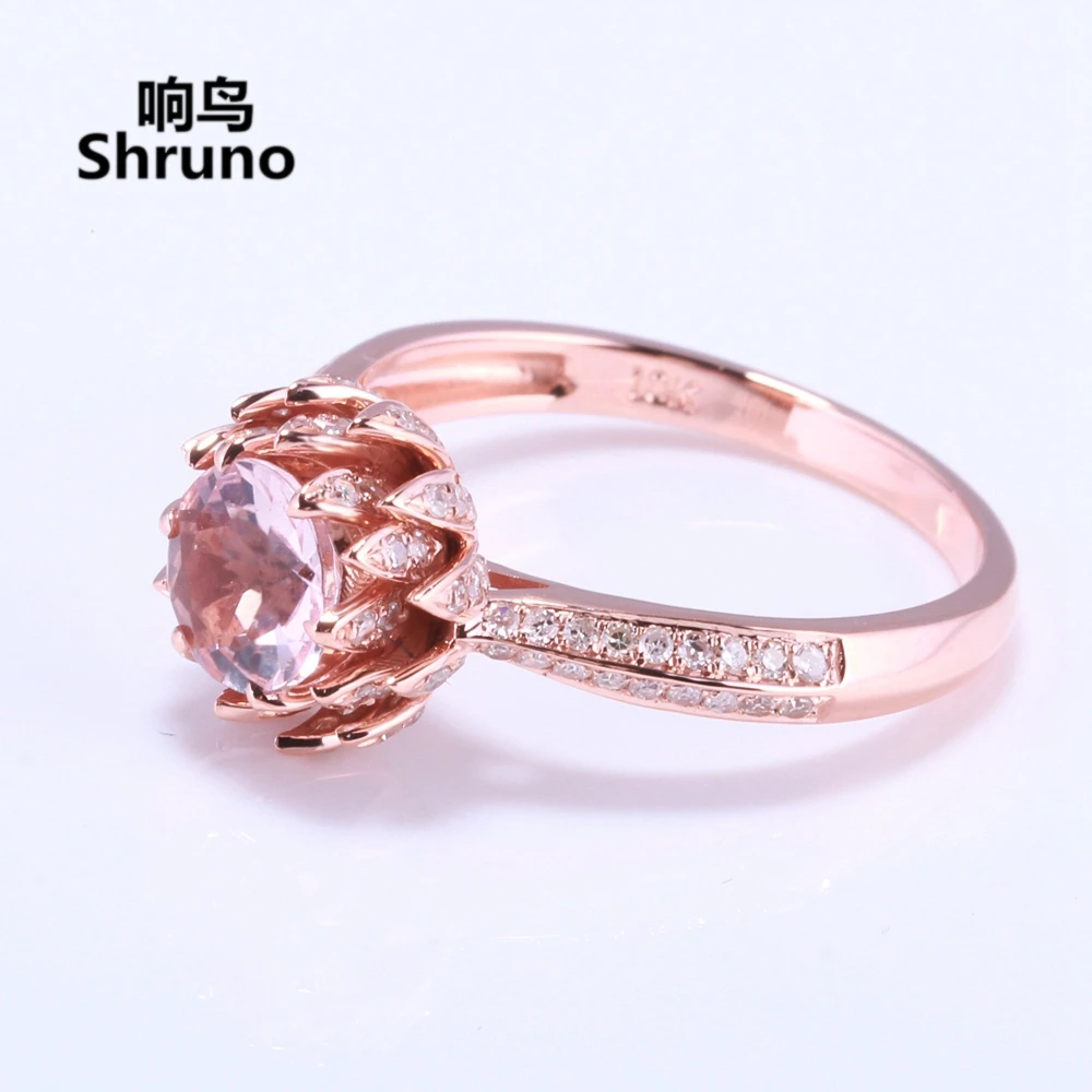 Shruno Solid 14k Rose Gold Lotus Flower Round Natural Morganite Gemstone Ring For Women Diamond Engagement Unique Trendy Jewelry