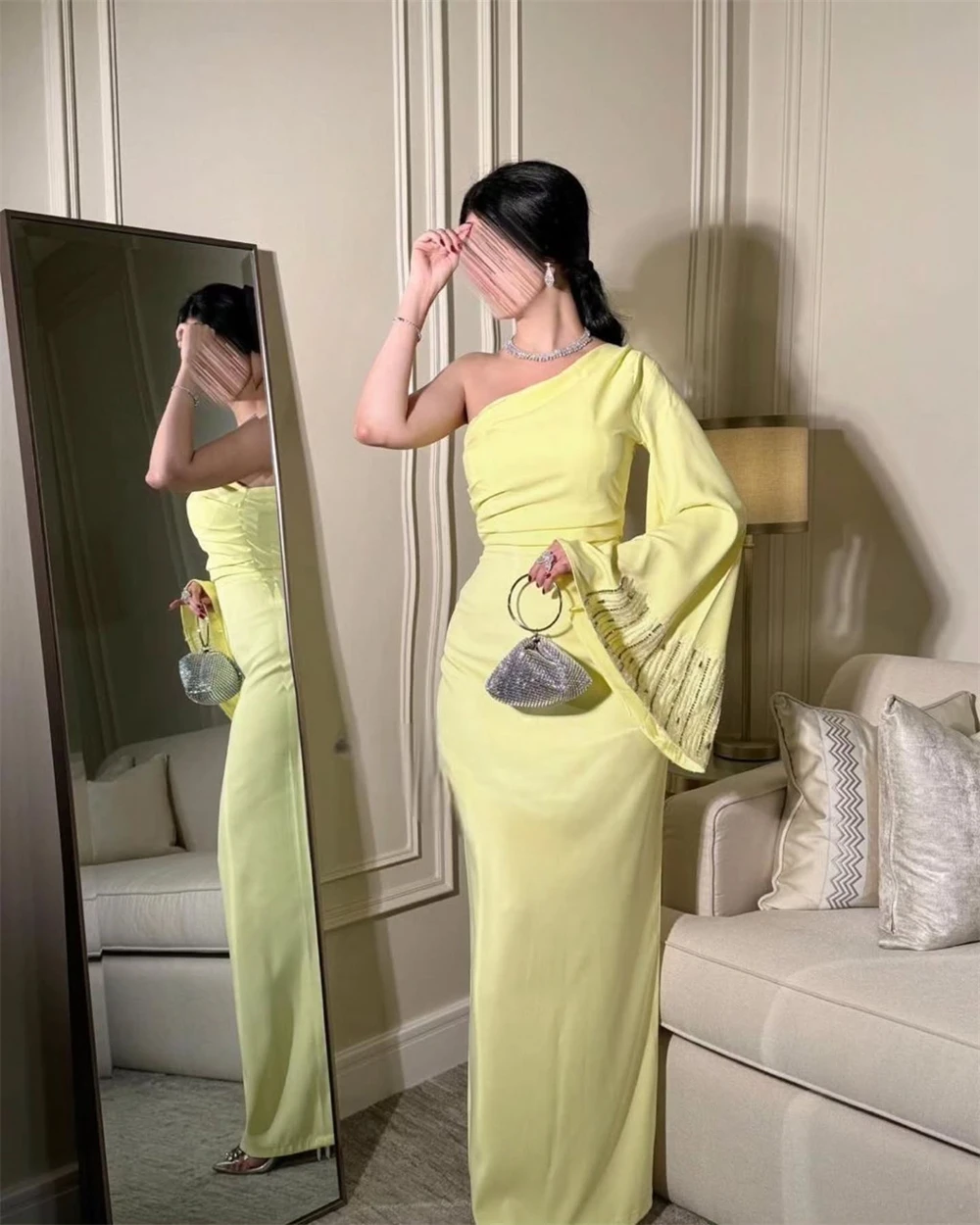 Customized Evening Dress Exquisite Jersey One Shoulder Long Sleeves Straight Floor Length Beading Ruched Special Occasion Gowns