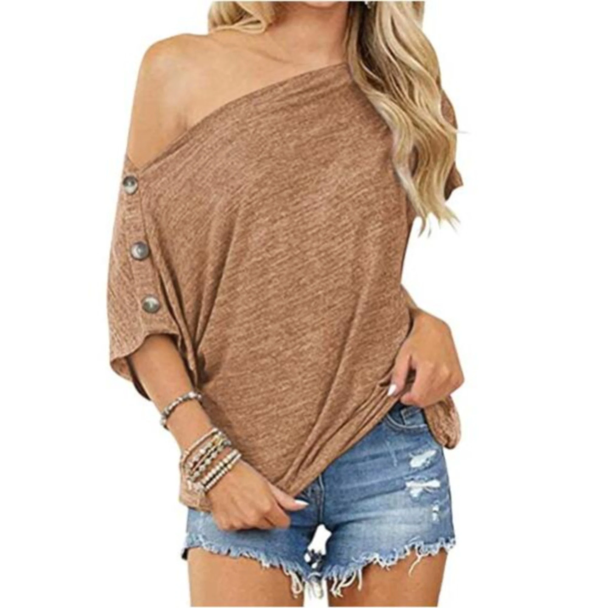 Women\'s Off Shoulder Batwing Sleeve Loose T-shirt - Casual Button Detail