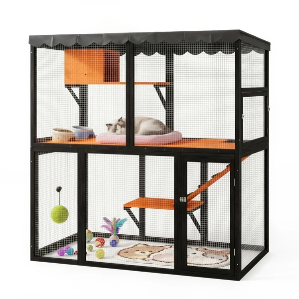 Wooden cattery outdoor cat cage large cat house, suitable for walking with multiple cats, indoor four-story cat cage house, with waterproof cover and ramp - does not support self-pick up and does not support designated warehouse delivery -19