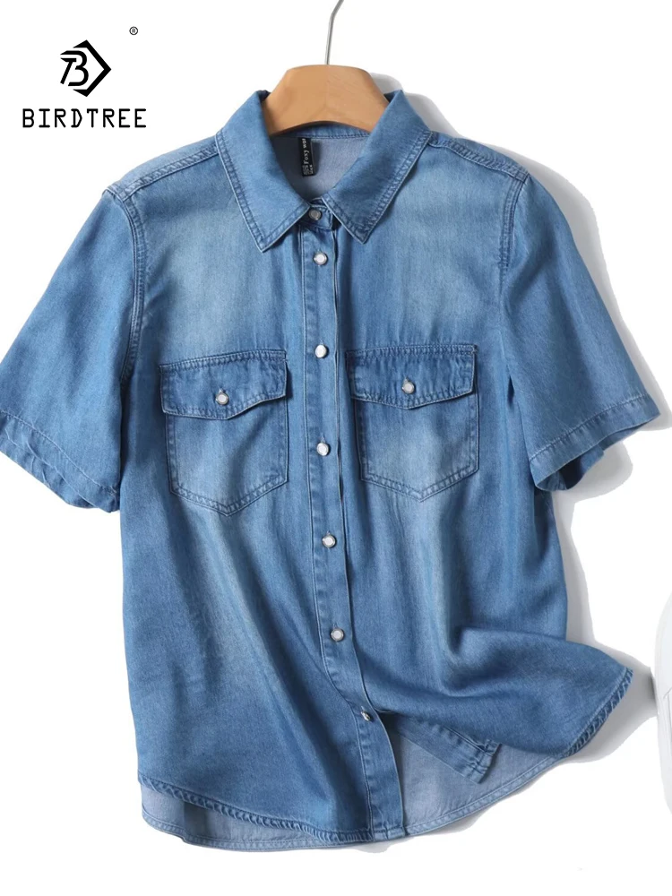 

New 2025 Summer Short Sleeve Tence Denim Shirt, Women Turn-down Collar Pocket, Mori Girl Retro Simplicity Loose Blouse T55043CC