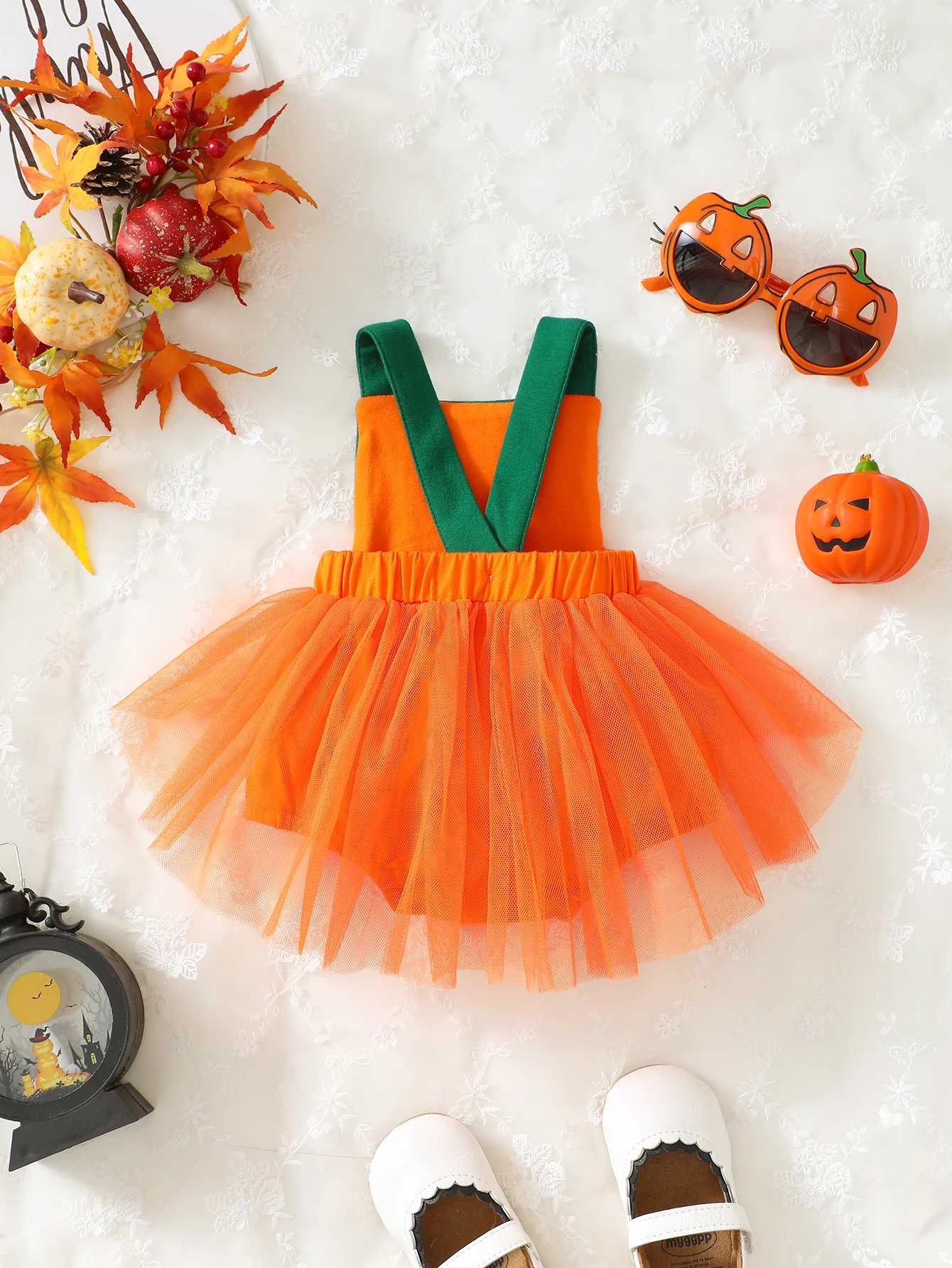 فستان شبكي على شكل يقطين للفتيات الصغيرات ، مرقع لطيف وحلو