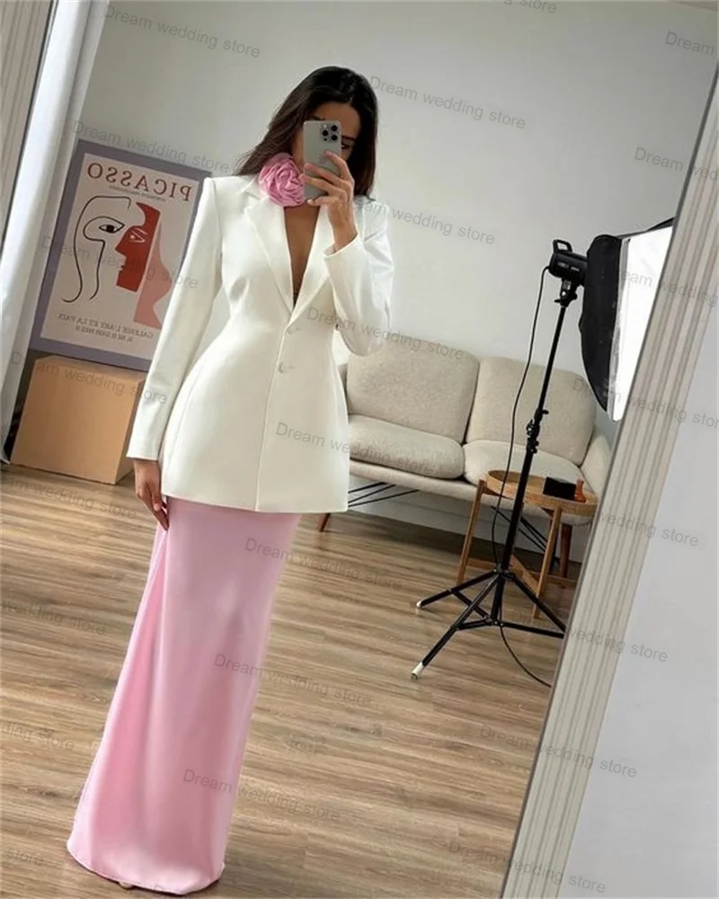 White Blue Women Suits Skirt Set 2 Piece Blazer+Midi Prom Dress 3D Flower Belt Wedding Tuxedo Tailored Formal Office Jacket