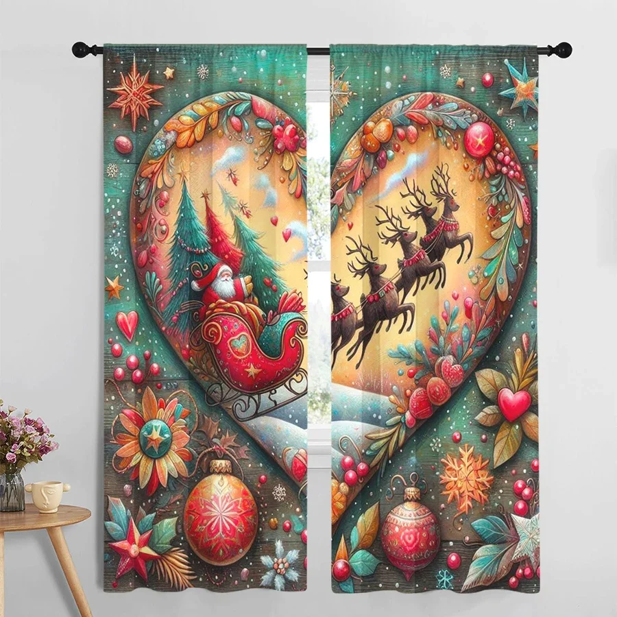 2PCS Heart Shape Christmas Curtains, Santa Reindeer Sleigh Folk Art Pattern, Rustic Holiday Window Drapes for Bedroom Living