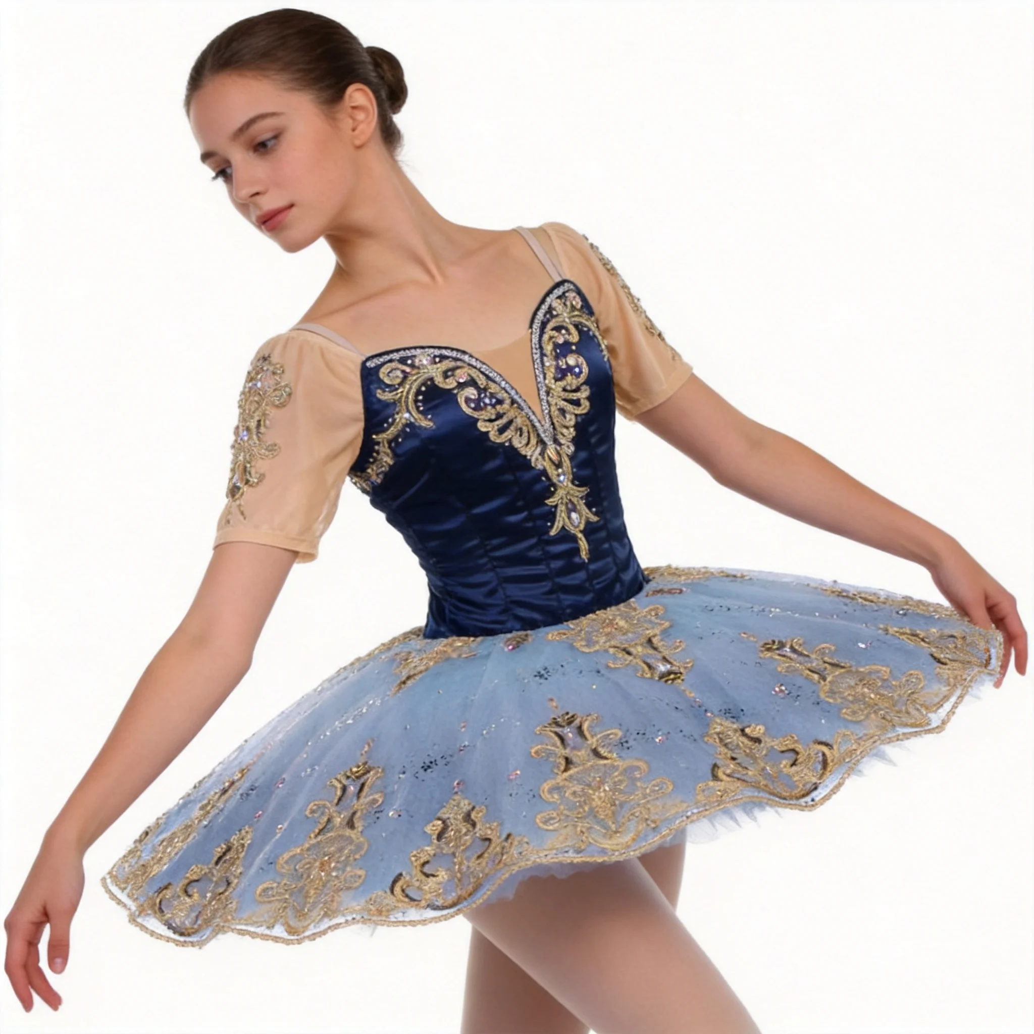 Raymonda Variation Ballet Tutu for Kids & Adults, Professional Navy Blue Competition Dance Costume with Gold Lace