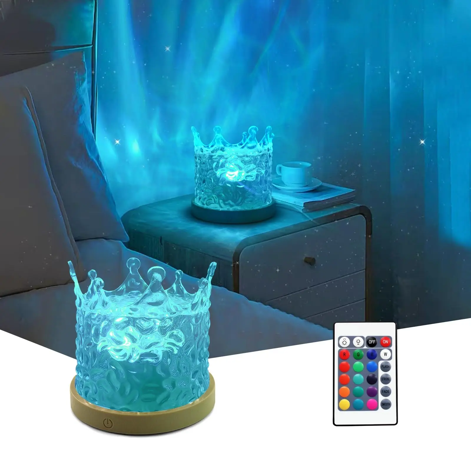 Crown Northern Lights Ocean Wave Projector Crown Light, 16 Colors Gradual Rotating Water Ripple Lamp, Wave Night Light with Remo