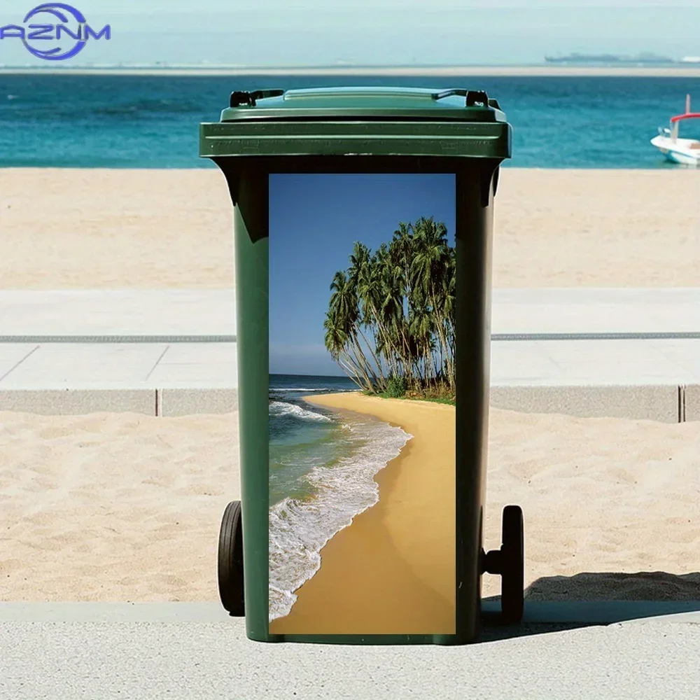 2D 1PC1pc Tropical Beach Coconut Tree 3D PVC Sticker, Waterproof Self-Adhesive Trash Can Decoration, Ocean Theme Wall Decal fo