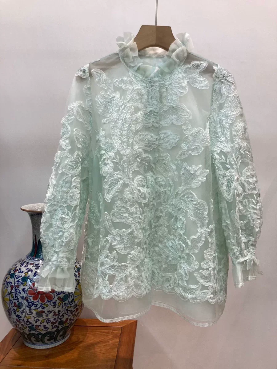 

Silk Cheongsam Top Chinese Women's Blue Flowers Shirt Sexy Ladies Khaki Transparent Blouse