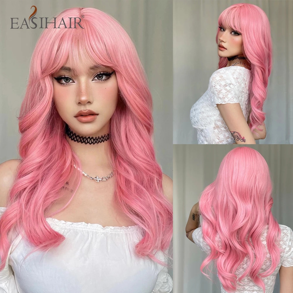 

EASIHAIR Pink Cosplay Lolita Wigs Long Natural Wavy Synthetic Wigs with Bangs for Women Daily Party Natural Heat Resistant Fiber