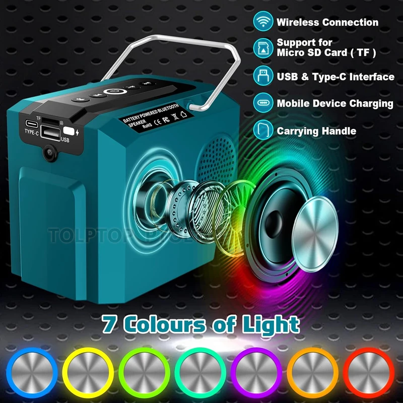 Imagem -04 - Rádio Portátil de Alto-falante Bluetooth para Makita Dewalt Milwaukee Bosch 1820v Bateria de Íon-lítio com Leitor de Porta de Saída Usb Tipo-c Novo