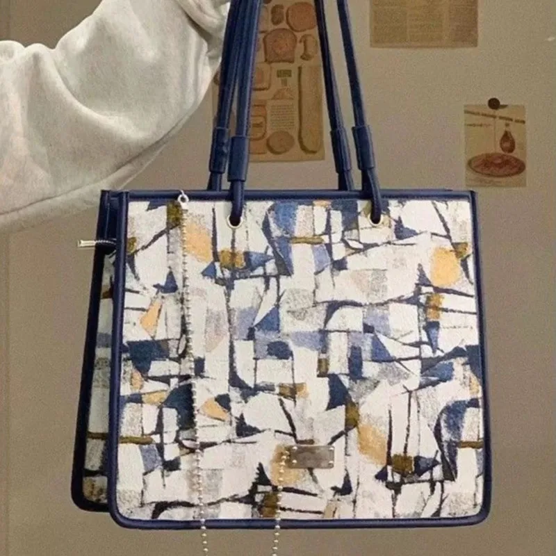 

Ретро картина маслом большая сумка женская кожаная большая вместительная нишевая дизайнерская сумка на плечо женская модная креативная сумка премиум-класса 2025