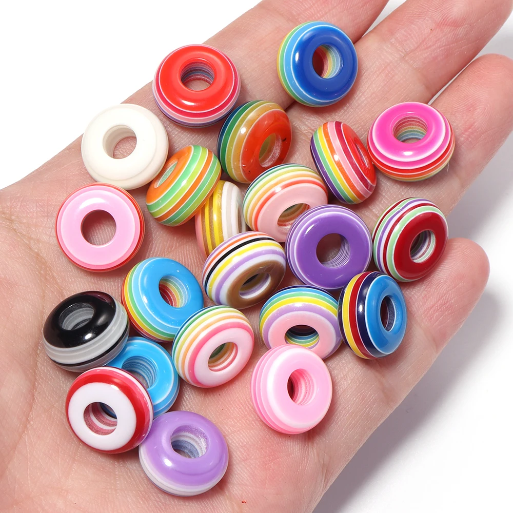 50 Stück 14 mm Regenbogen-gestreifte Harzperlen, flach, rund, großes Loch, lose Abstandsperlen für die Schmuckherstellung, DIY-Schlüsselanhänger, Armbandzubehör – Detail 3