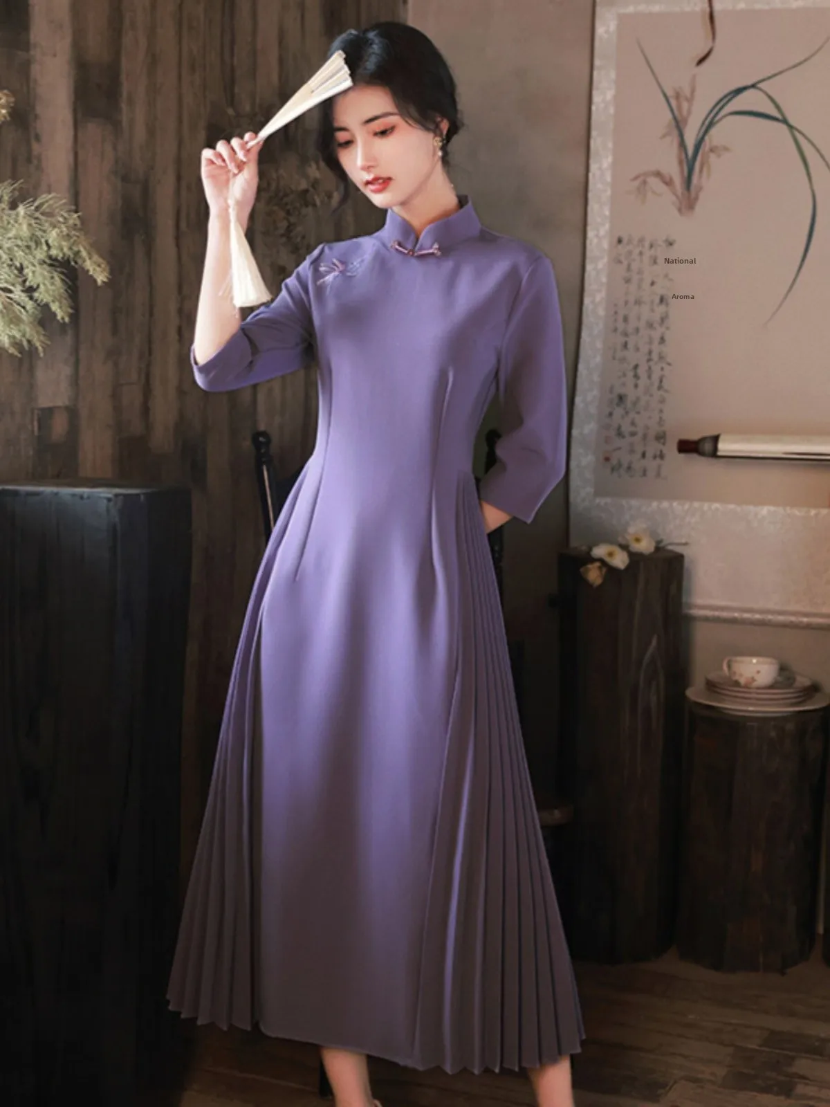 

Ретро-платье с вышивкой, фиолетовое, приталенное, в китайском стиле, с длинными рукавами, женское, весна-осень, модное, традиционный костюм