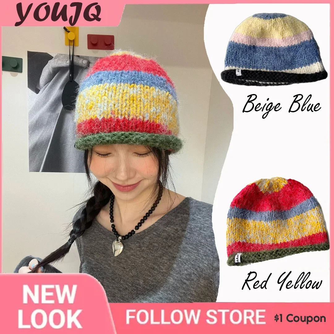 

Japanses Autumn Winter Warm Contrasting Color Bucket Hats for Women Men Casual Niche Versatile Handknitted Retro Caps Bonnet