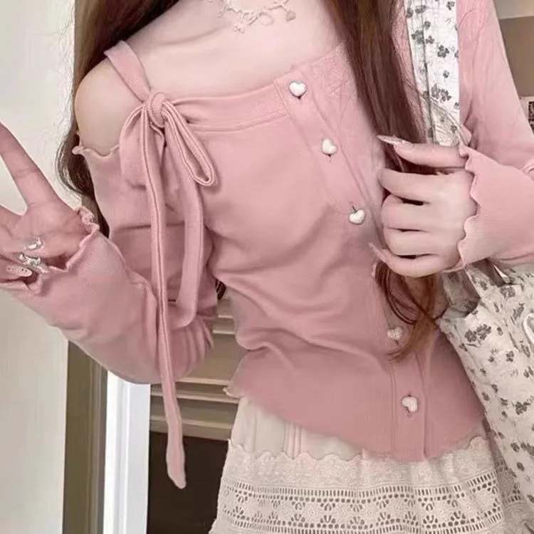 Fashion Sweet Off Shoulder Bow Lace Up Sweaters 2024 New Slim Fit Pink Tops Women Y2k Grunge Long Sleeve Cardigan Mujer