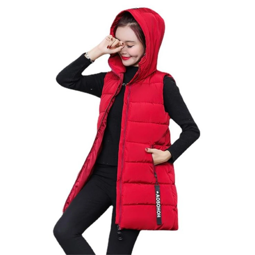 

Autumn Winter Cotton Vests Women Waistcoat 2024 Female Sleeveless Jackets Hooded Warm Thick Long Outerwear Coat Colete Gilet 3xl