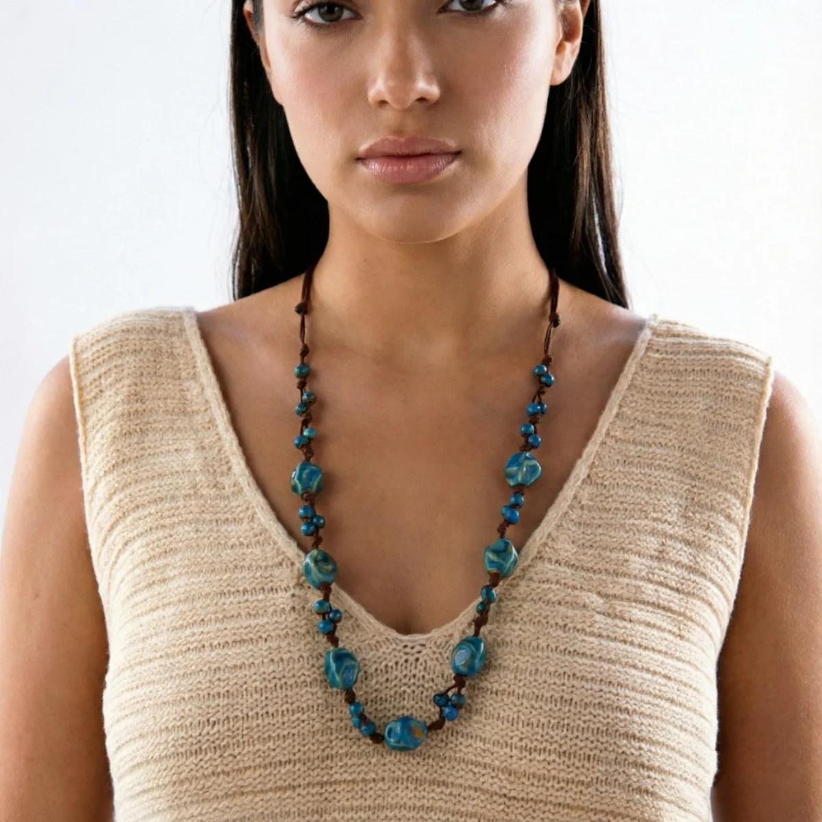 Retro-Künstlerischer Stil Unregelmäßige Blaue Keramikperlen Lange Halskette für Frauen Männer Boho Ethnische Braune Wachsschnur Pulloverkette Schmuck – Detail 19
