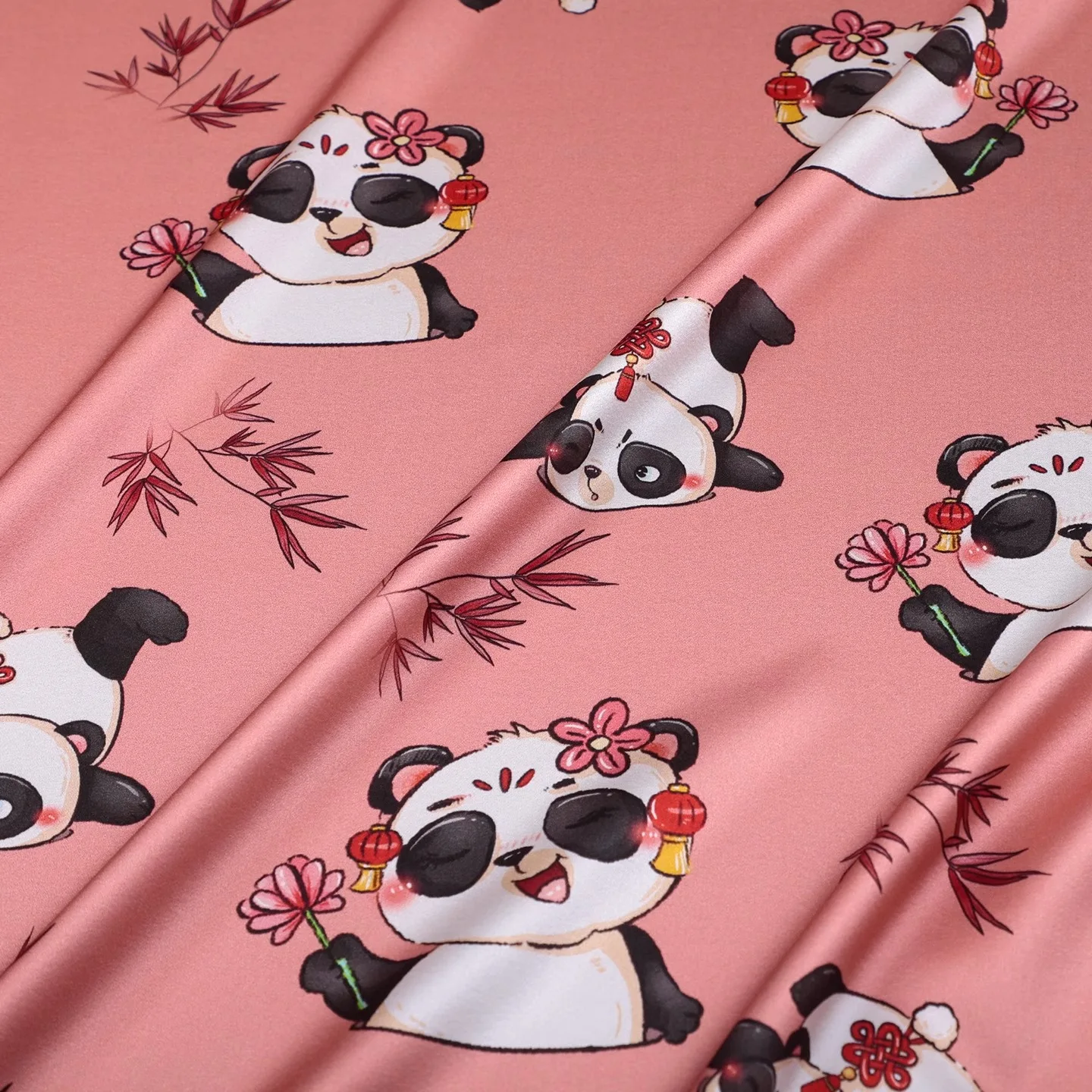 

Cute Panda Printed Pink Blue Silk Satin Fabric for Summer Comfortable Dress Horse-faced Skirt Pants DIY Sewing Material R2075