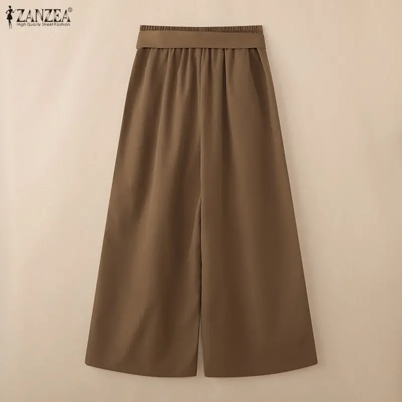 2026 zanzea calças femininas elegantes ol trabalho calças de perna larga casual cintura elástica solta pantalon cor sólida plissado palazzo rua