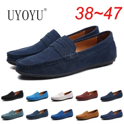 Zapatos de ante de vaca para hombre, mocasines formales informales de marca de lujo, de cuero genuino de diseñador, calzado negro para conducir