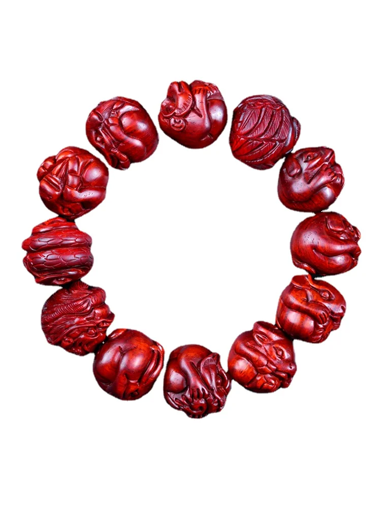 Zodiac Pterocarpus Santalinus Bracelet Bracelets for Men and Women Sandalwood Carved Beads Collectables-Autograph Rosary