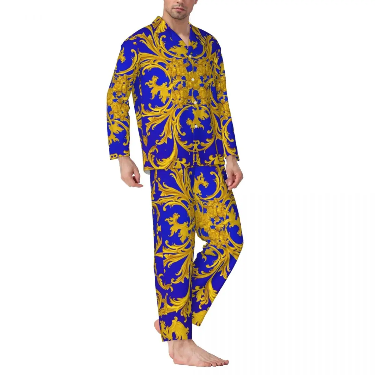 

Pajamas Men Baroque Floral Bedroom Sleepwear Blue and Gold 2 Pieces Vintage Pajamas Set Long Sleeve Cute Oversize Home Suit