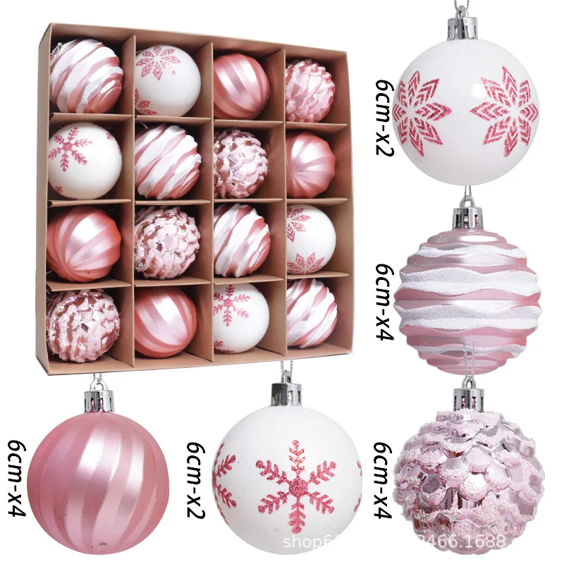 Plastic electroplated ball decorations for Christmas 6cm 16 pieces mixed painted pink Christmas ball snowflake Christmas tree or