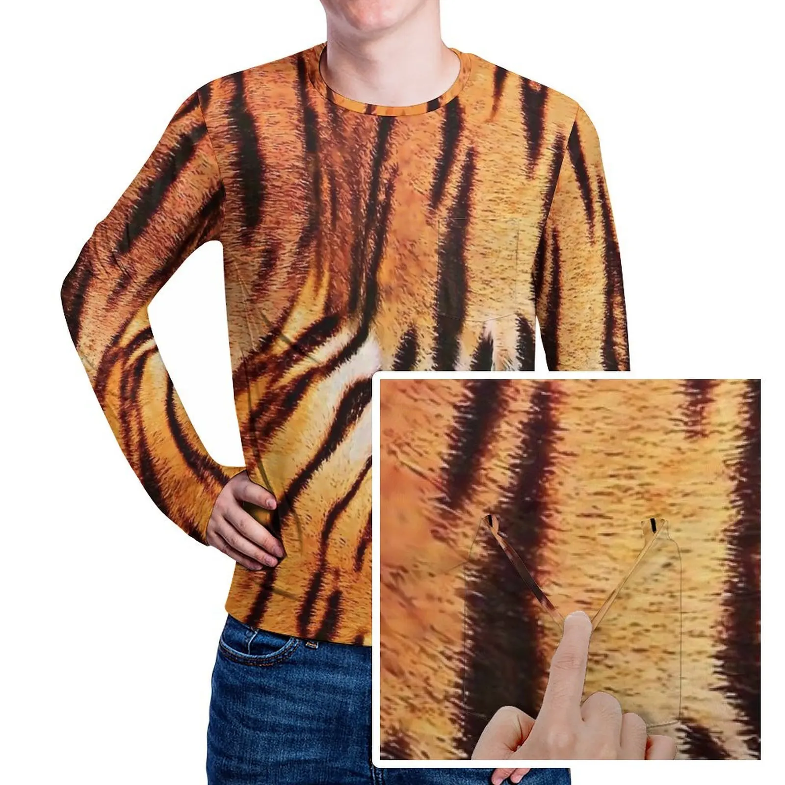 호랑이 동물 프린트 티셔츠, 주머니가 달린 트렌디 티셔츠, 멋진 티셔츠, 긴팔 맞춤형 상의, 플러스 사이즈