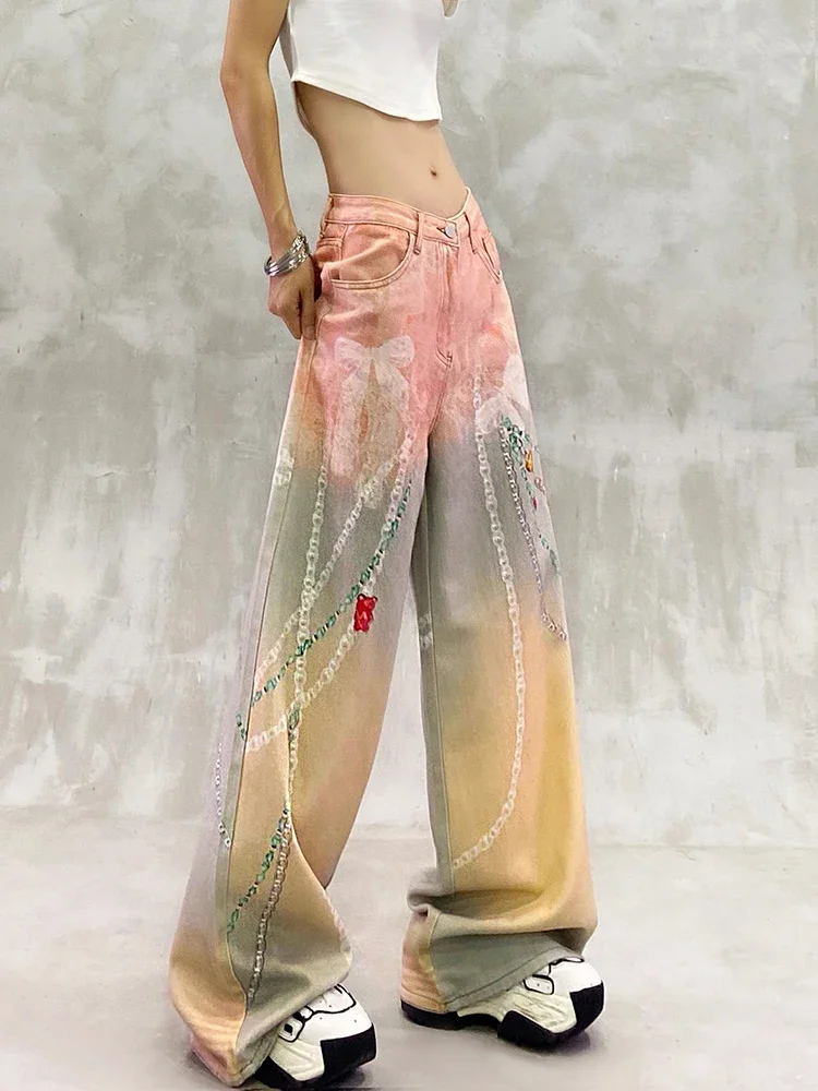 

Y2K женские свободные широкие джинсовые брюки весна осень модные цветные джинсы с принтом Spice Girls шикарный стиль