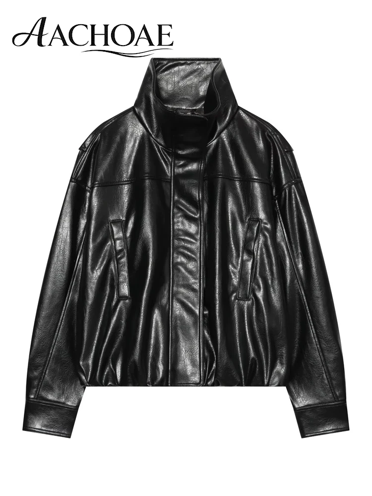 AACHOAE Women Faux Leather Bomber Jacket High Stand Collar Oversized Loose Zip Up Short Coat Vintage Casual Streetwear Outerwear