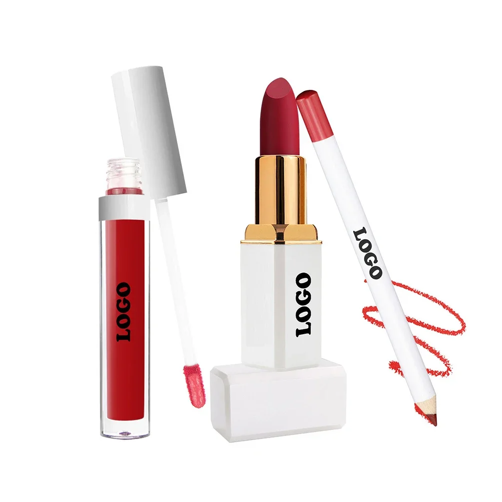 

12-color Custom Logo Lipstick Lipgloss Lipliner Kit Private Label Three-piece Set White Package Matte Waterproof Pigment Makeup