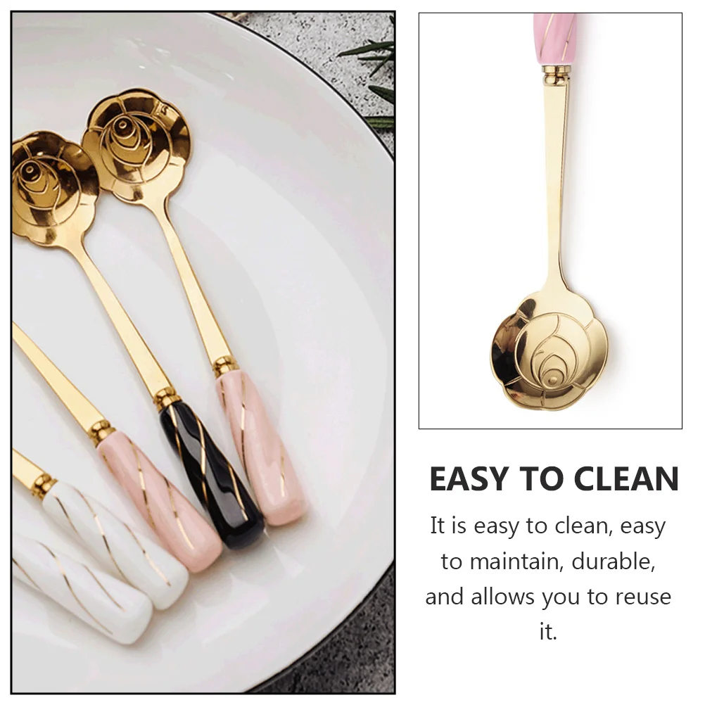 

4 Pcs Ceramic H Spoon Stainless Steel Flower Elegant Coffee Dessert 11 5cm Pink Gold Cherry Safe Practical Easy Clean