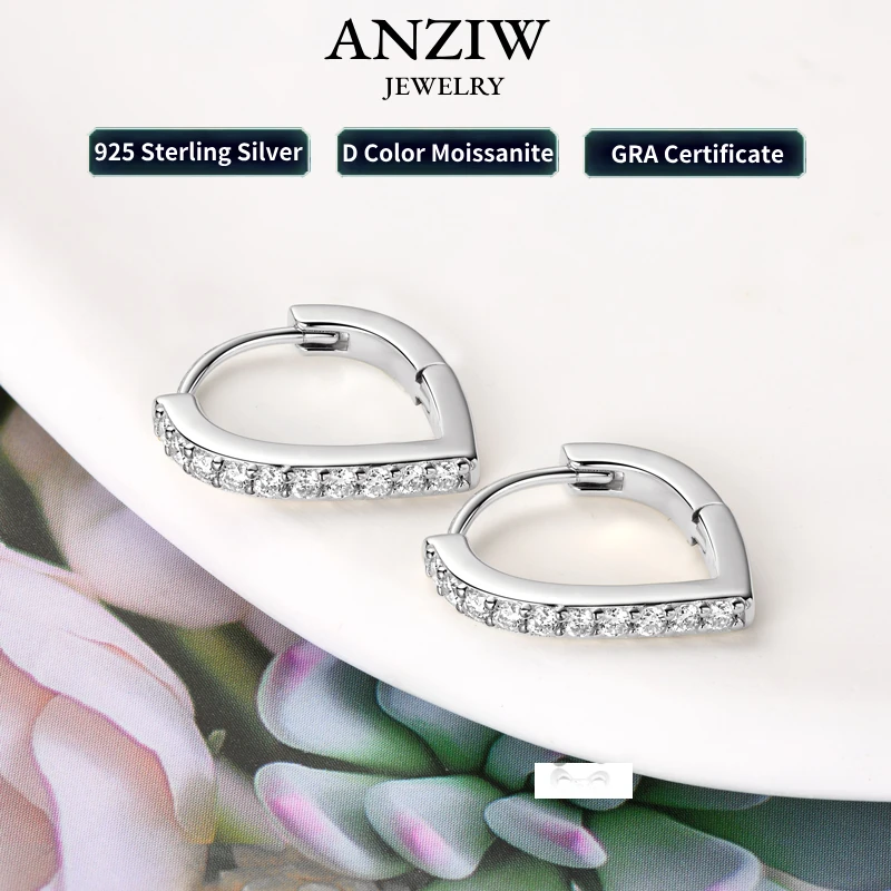 Anziw Real 925 Sterling Silver Simple Hoop Earrings Water Drop Shape 1.7mm Moissanite Earrings for Women Piercing Ear Jewelry