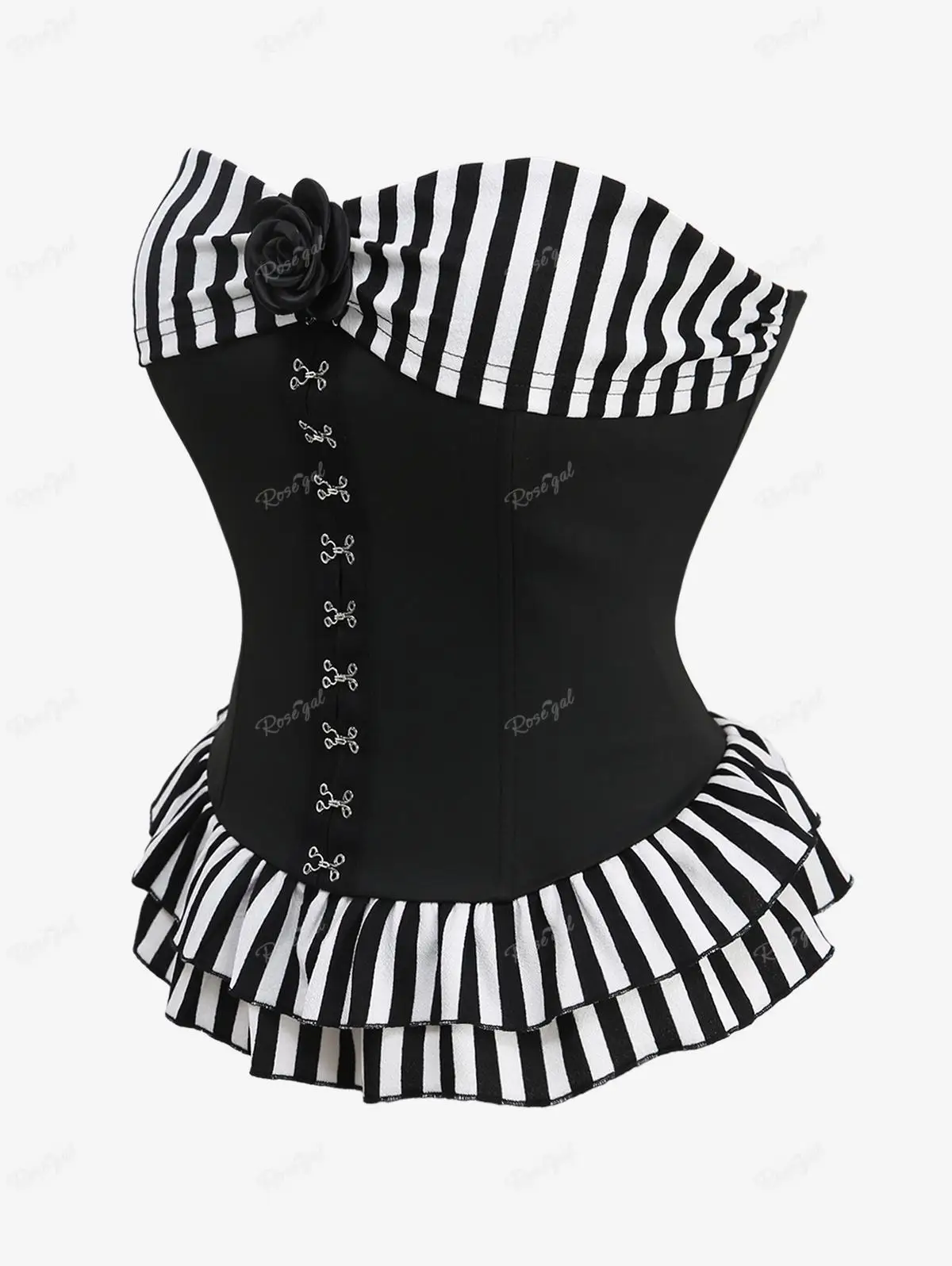 ﻿ROSEGAL Gothic Corset Wireless Seamless Bodysuits Women Spring Summer Flower Lace Up Striped Ruffles Corset Black Plus Size