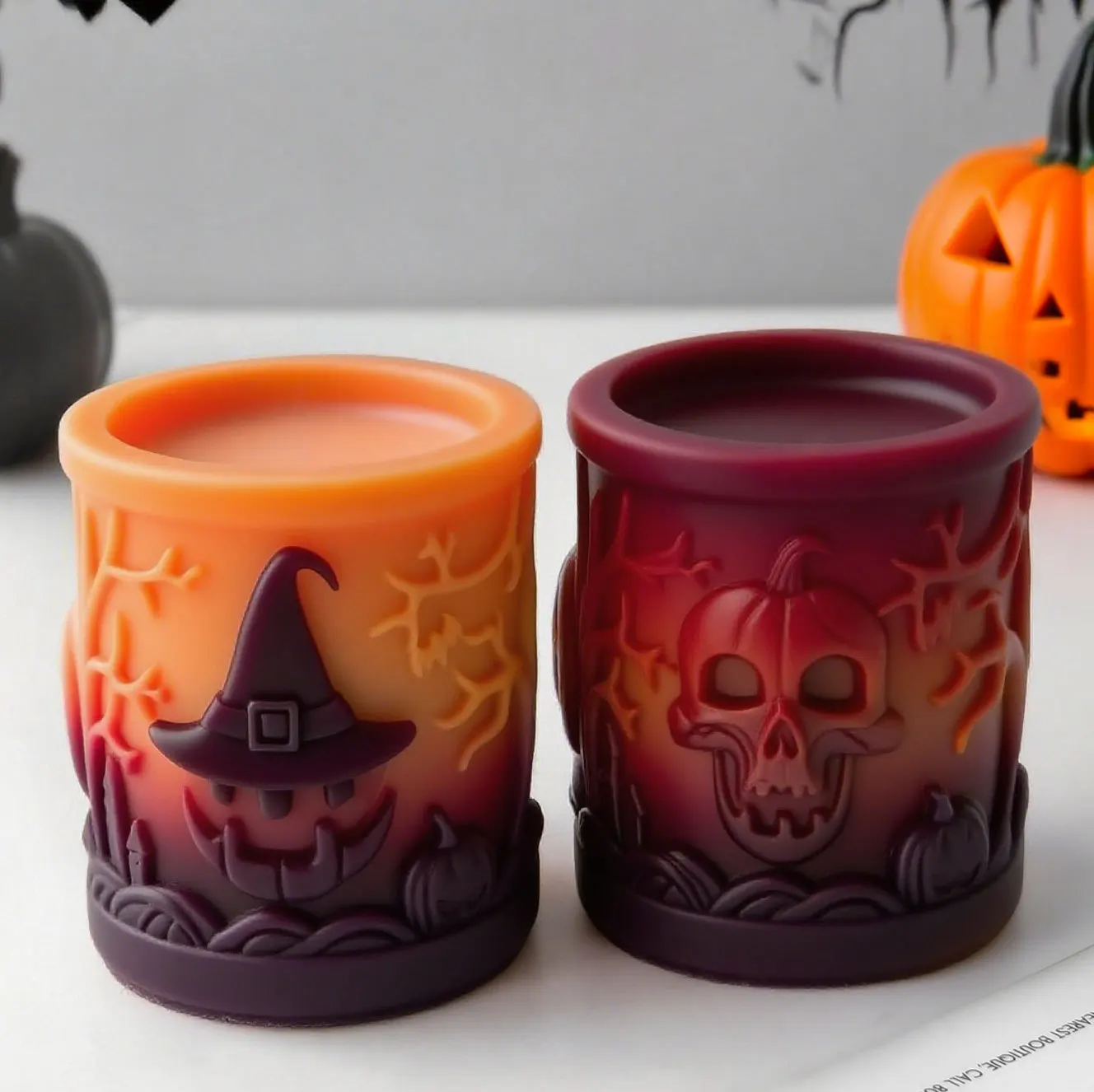 

Halloween Cylindrical Candle Silicone Mold 3D Pumpkin Ghost Witch Sculpture Silicone Mold DIY Handmade Aroma Plaster Resin Molds