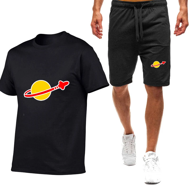 

2025 Summer Classic Space Logo Logo Print Men's Silk Ice Round Neck Simple Running Fitness Breathable Thin T-shirt Pants Suits