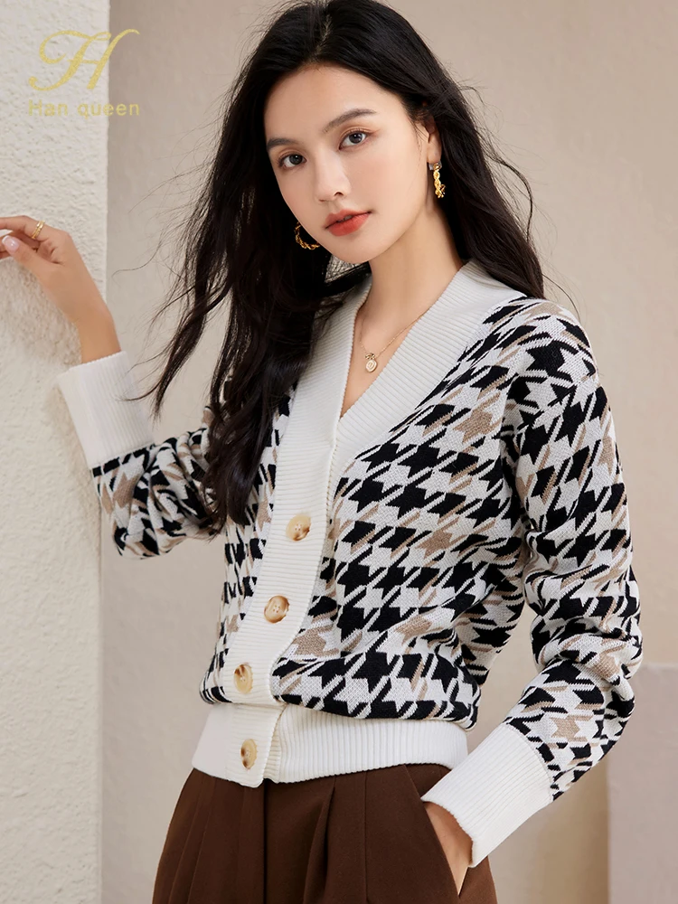 H Han Queen Autumn Winter Knitted Cardigans Sweaters Women Tops Basic Houndstooth V-Neck Chic Knit Long Sleeve Cardigan Jacket