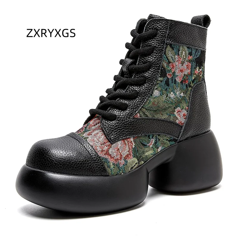 

ZXRYXGS 2025 Премиум из натуральной кожи с вышивкой, женские модные ботинки, обувь на платформе, ботинки на высоком каблуке, модная обувь