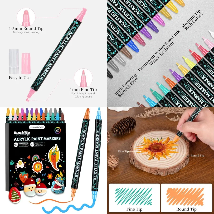 

SMOOTHERPRO Acrylic Paint Markers 24 Colors Dual Tip Acrylic Paint Pens for Wood Canvas Stone Pumpkins Rock Painting Glass Plas