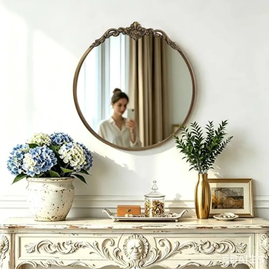 

Traditional Round Wall Mirror, 19x18 Inch, Circle ed Antique Mirror, Vintage Mirror for Bathroom, Living Room, Entryway, Bedroo