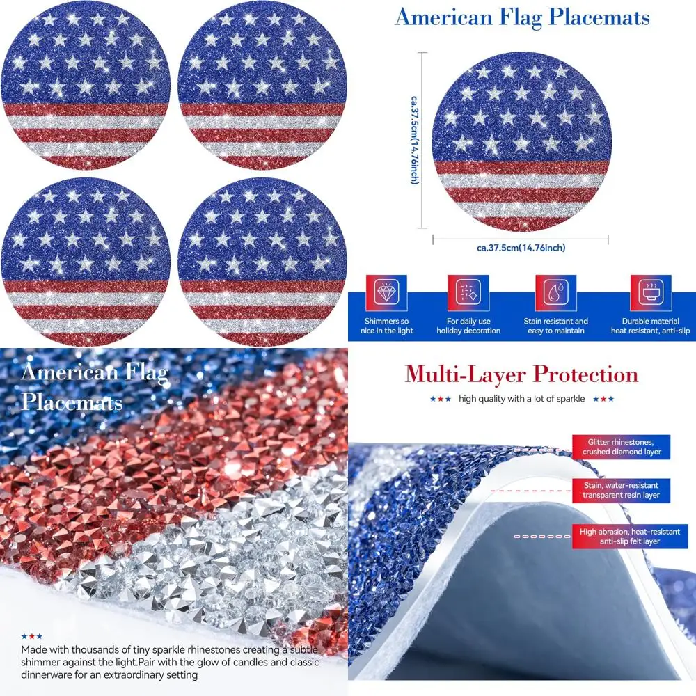 

Набор патриотических блестящих салфеток с измельченными бриллиантами из 4–15 дюймов, красные и серебряные американские украшения для стола