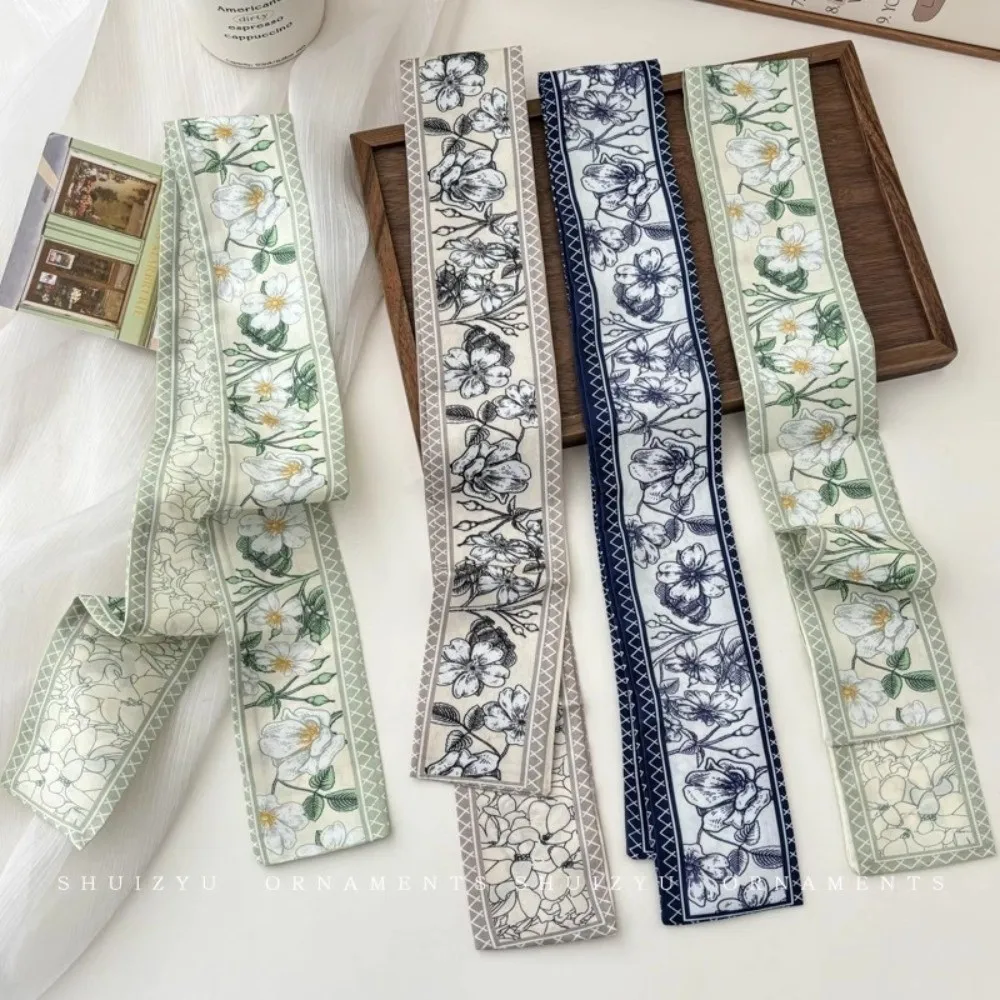 

Versatile 90×7cm Silk Scarf Retro Elegant Skinny Scarf Floral Pattern Double Sided Neck Scarf for Women