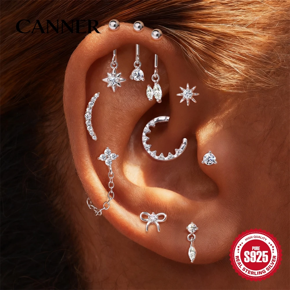 

CANNER стерлингового серебра 925 пробы, женские серьги с пирсингом из муассанита, звезда, клевер, цветок, капля воды, полумесяц, треугольник, конский глаз, роскошь