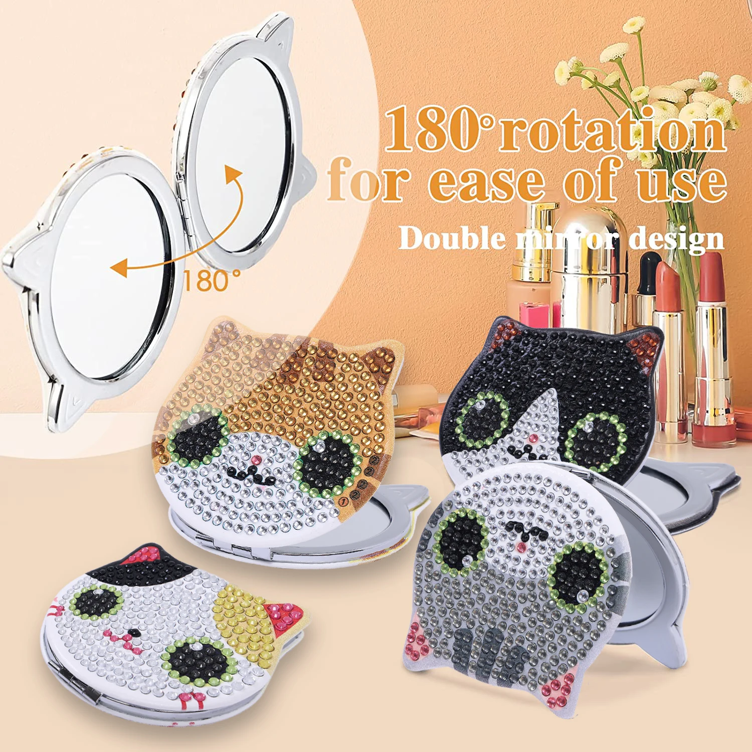 1 piece/set DIY Cat Pattern Art Compact Portable Folding Mirror Kit for Girls Diamond Painting Pocket mirror for adults