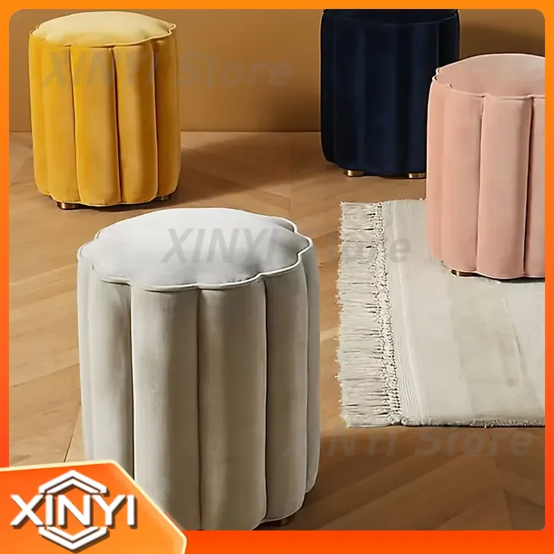 Luxury Fabric Ottoman for Nordic Living Room Stool Round Makeup Dressing Bedroom Shoes Modern Minimalist Design Comfortable