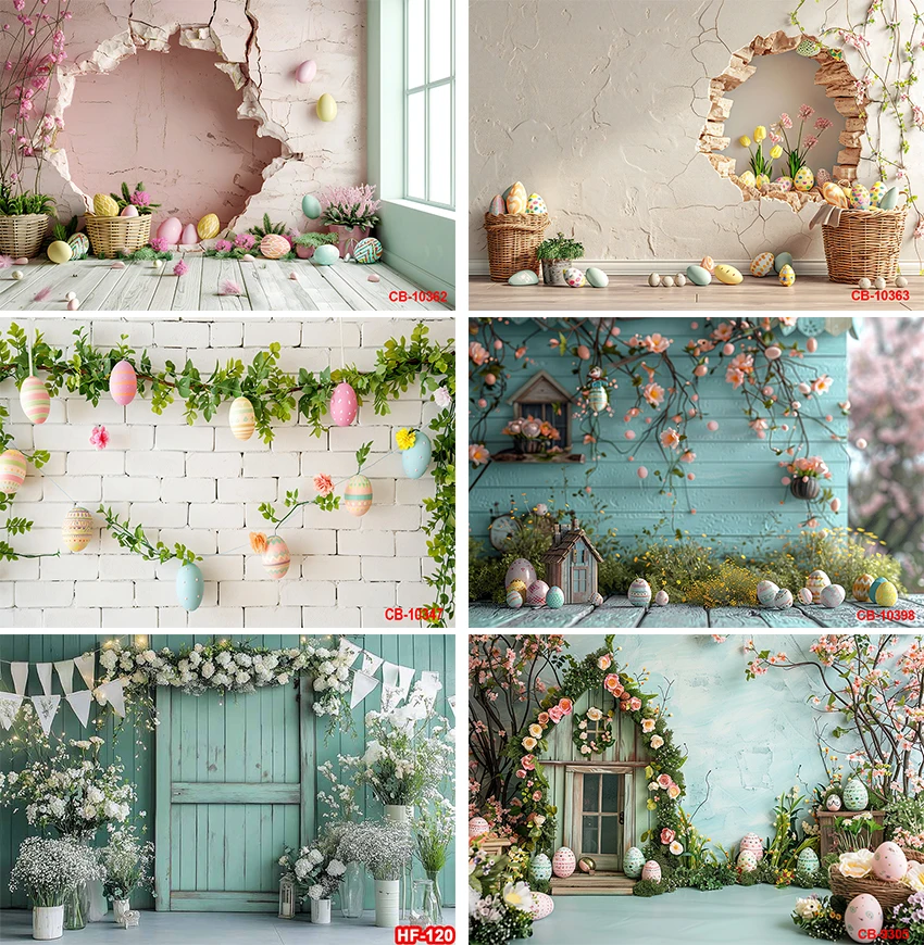 

Фон для фотосессий: Зелень виноградной лозы, кирпич и дерево, подвесные яйца, рустикальный уличный пейзаж, для беременных, детских праздников, фотосессий