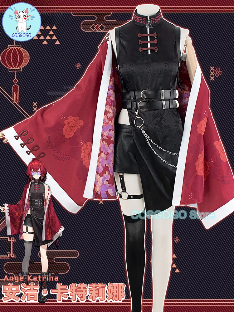 COSGOGO-Costume de Cosplay pour Femme, Anime Vtuber Nijisanji Ange Katrina, Cheongsam, Robe d'Halloween, Manteau de Jeu Imbibé, Uniforme, Tenue, Perruque