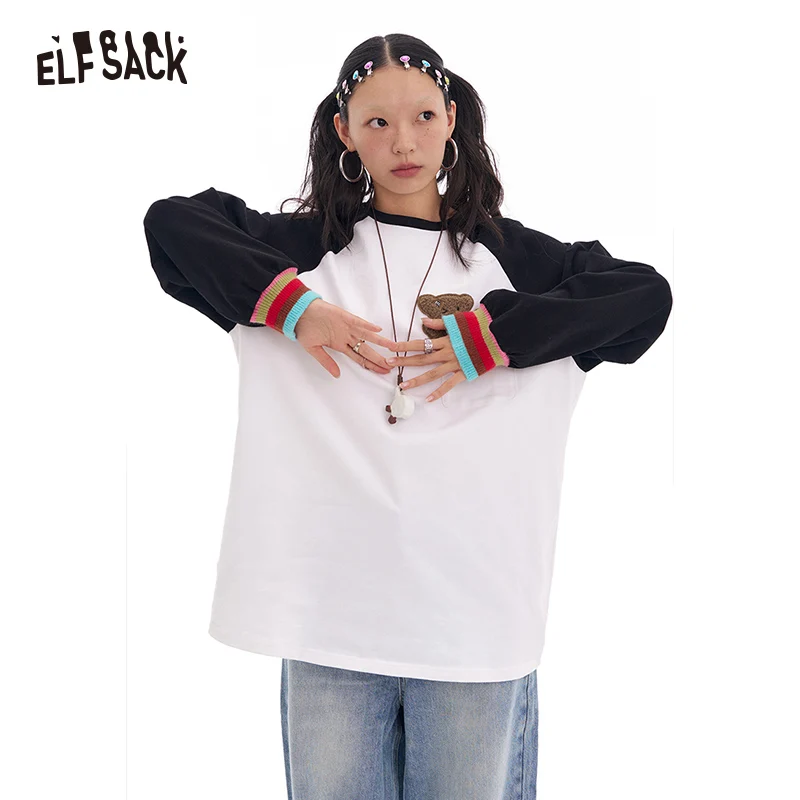 ELFSACK 2025 Spring New Arrivals Contrast color raglan long sleeve t-shirt women's loose casual base layer top